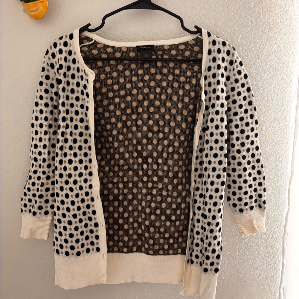 Ann Taylor Cream and Black Polka Dot Cardigan